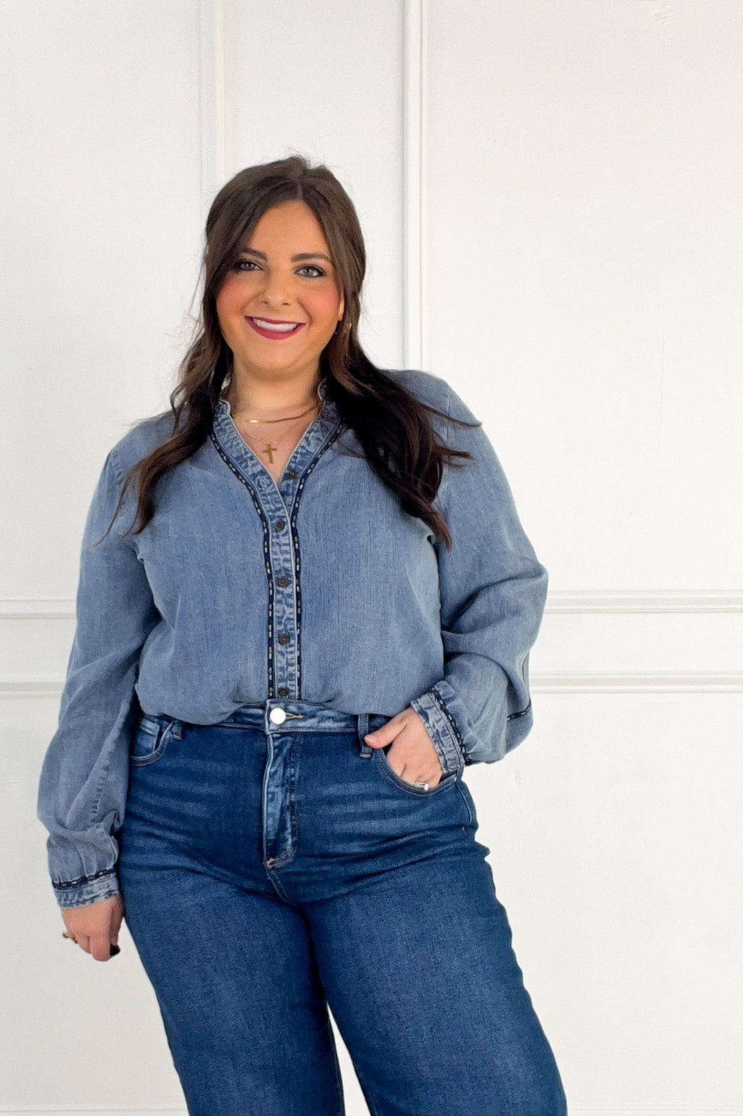 Thread & Supply - Lettie Piping Detail Button Up Long Sleeve Top