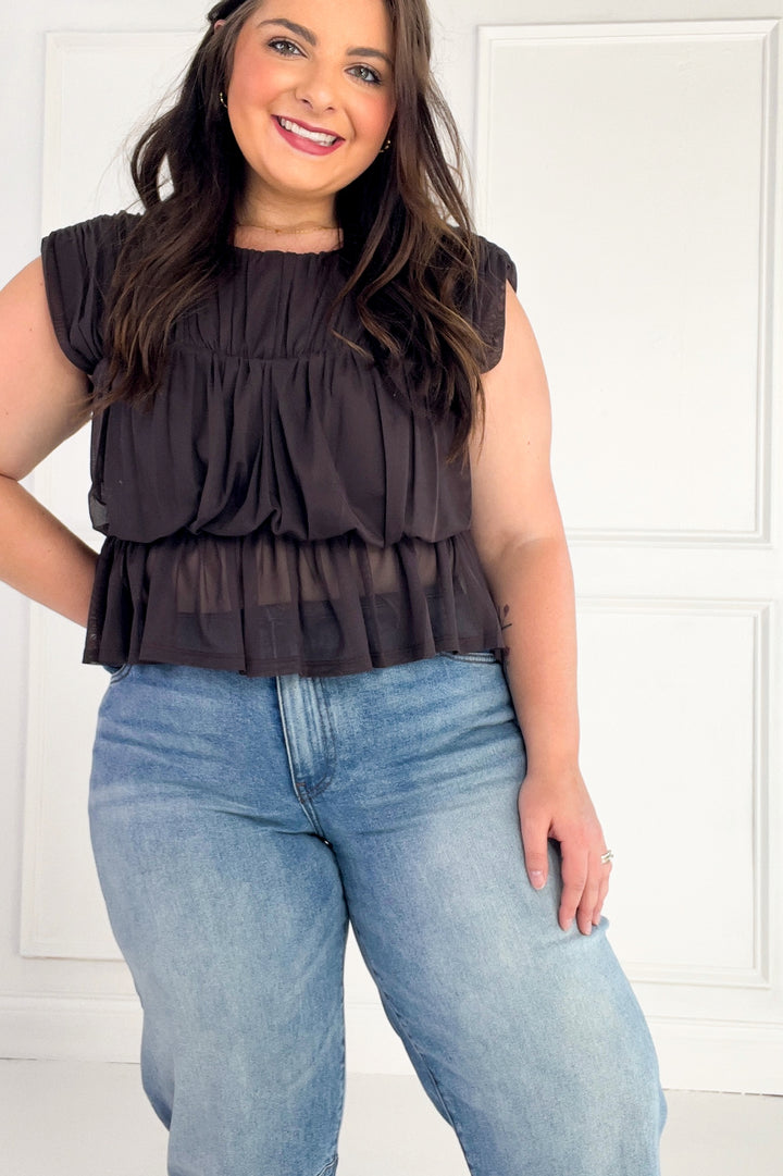 Semi Sheer Sleeveless Shirred Peplum Top