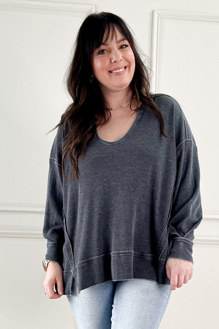 Mineral Wash Oversized Long Sleeve Pullover Top