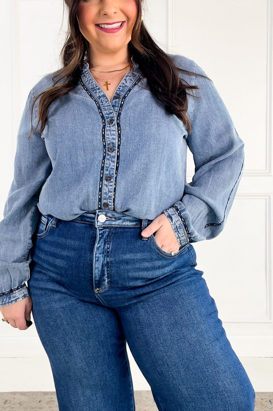 Thread & Supply - Lettie Piping Detail Button Up Long Sleeve Top