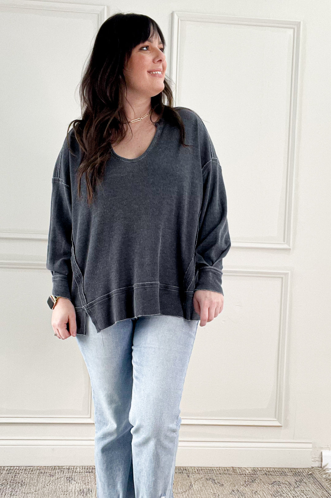Mineral Wash Oversized Long Sleeve Pullover Top