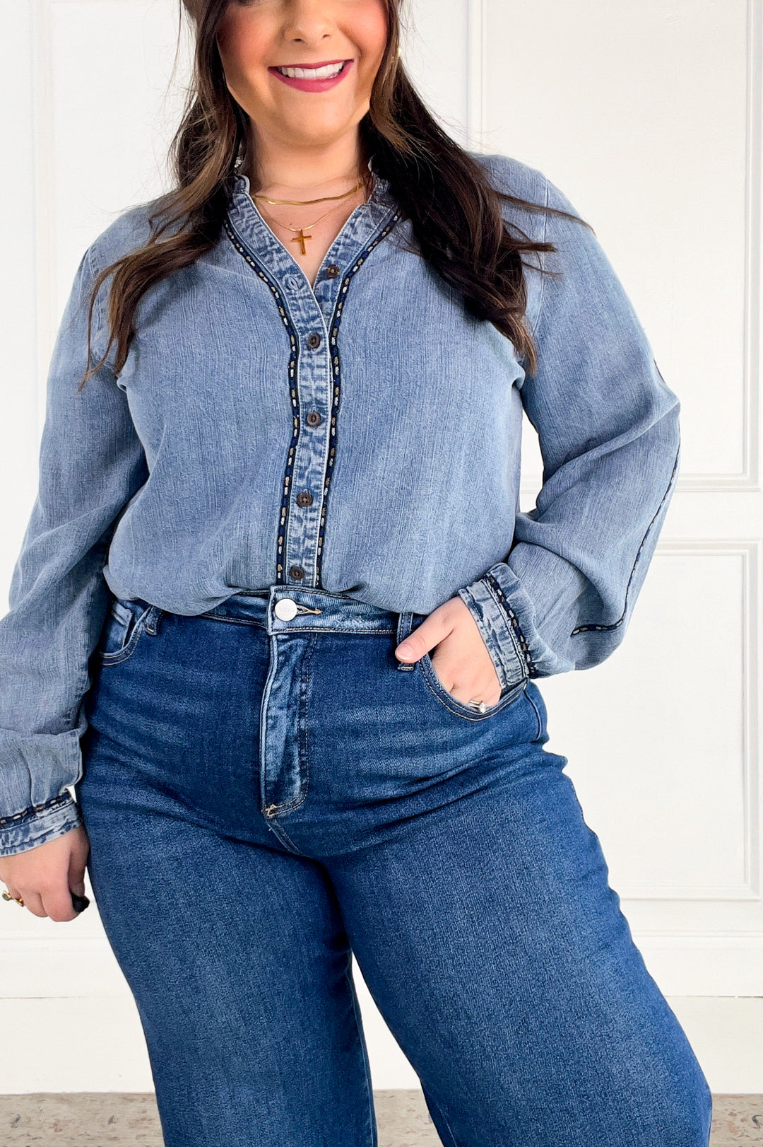 Thread & Supply - Lettie Piping Detail Button Up Long Sleeve Top