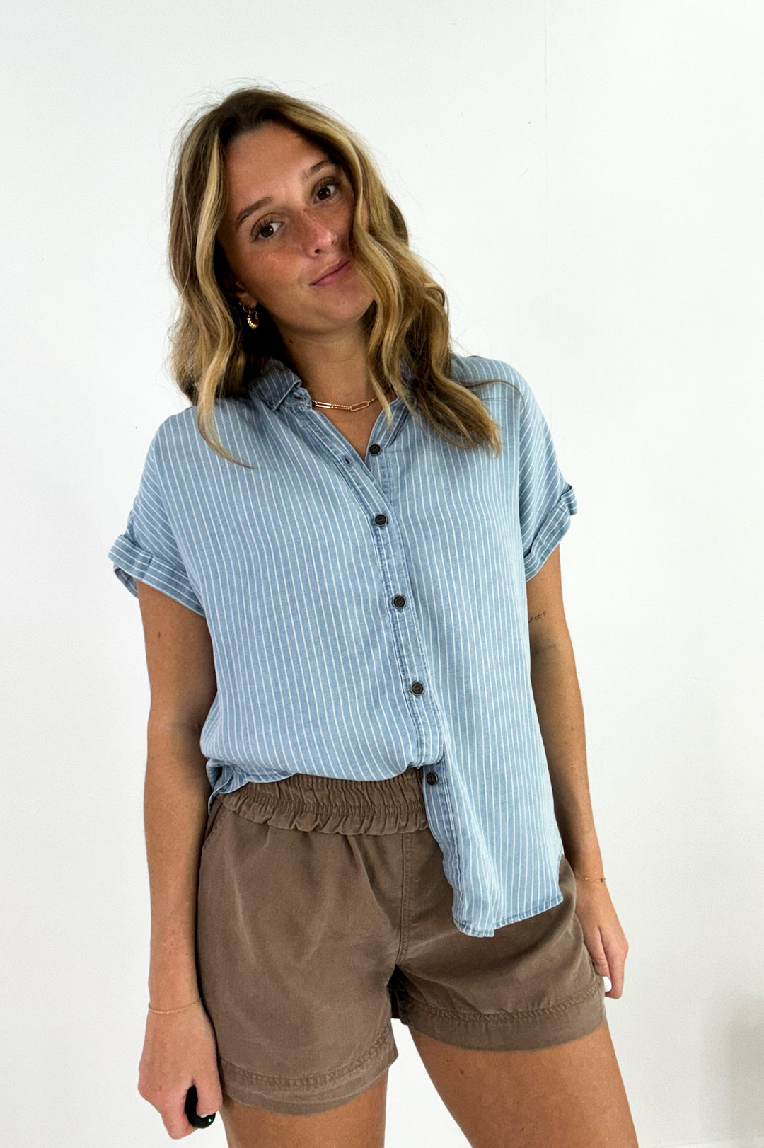 Short Rolled Sleeve Button Up Pinstripe Blouse