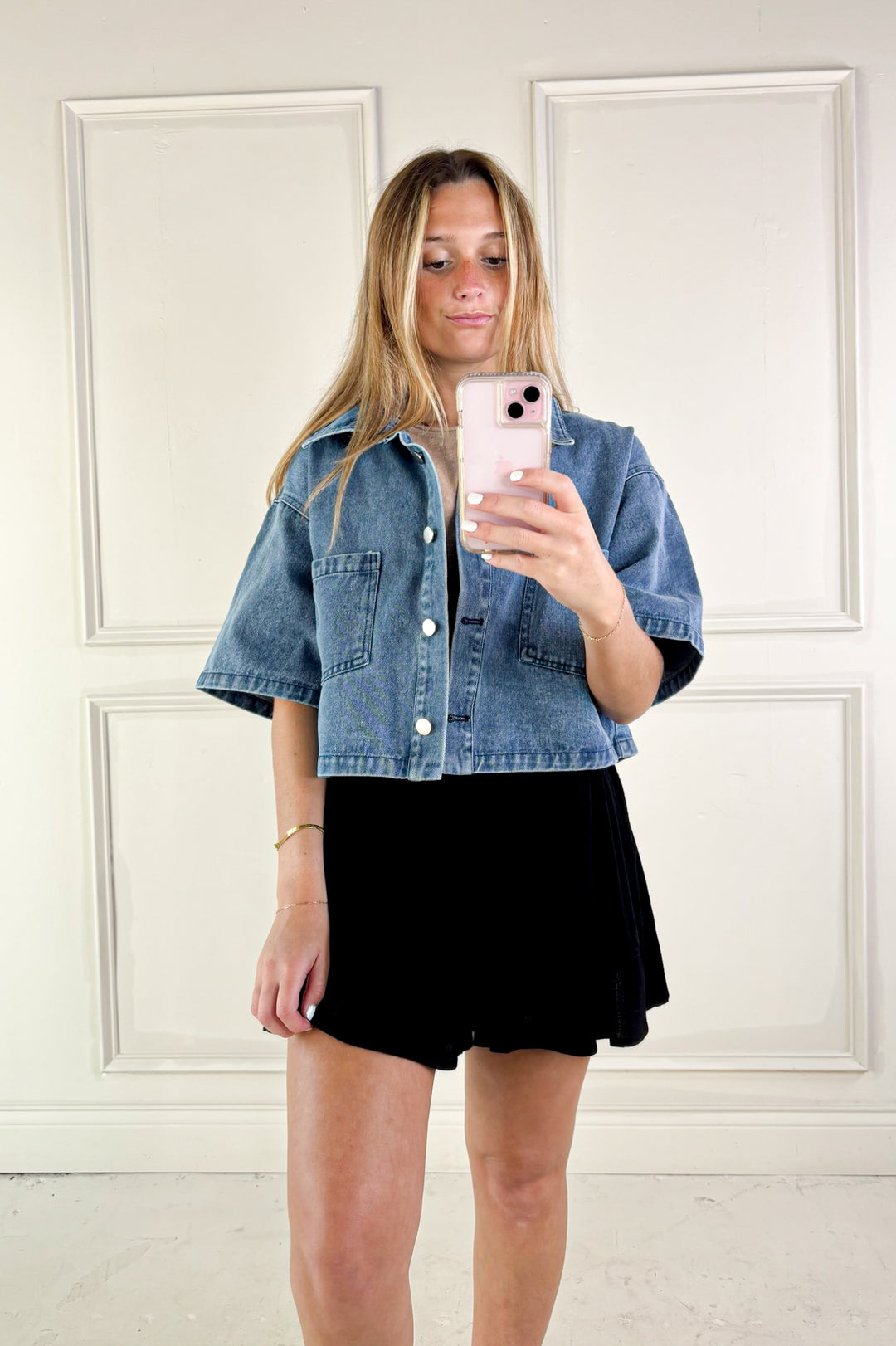 Button Up Short Sleeve Denim Crop Jacket