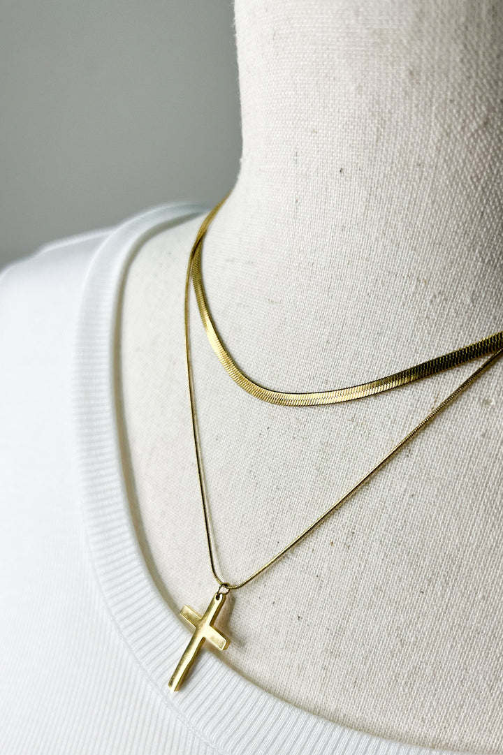 Layered Gold Herringbone & Cross Necklace
