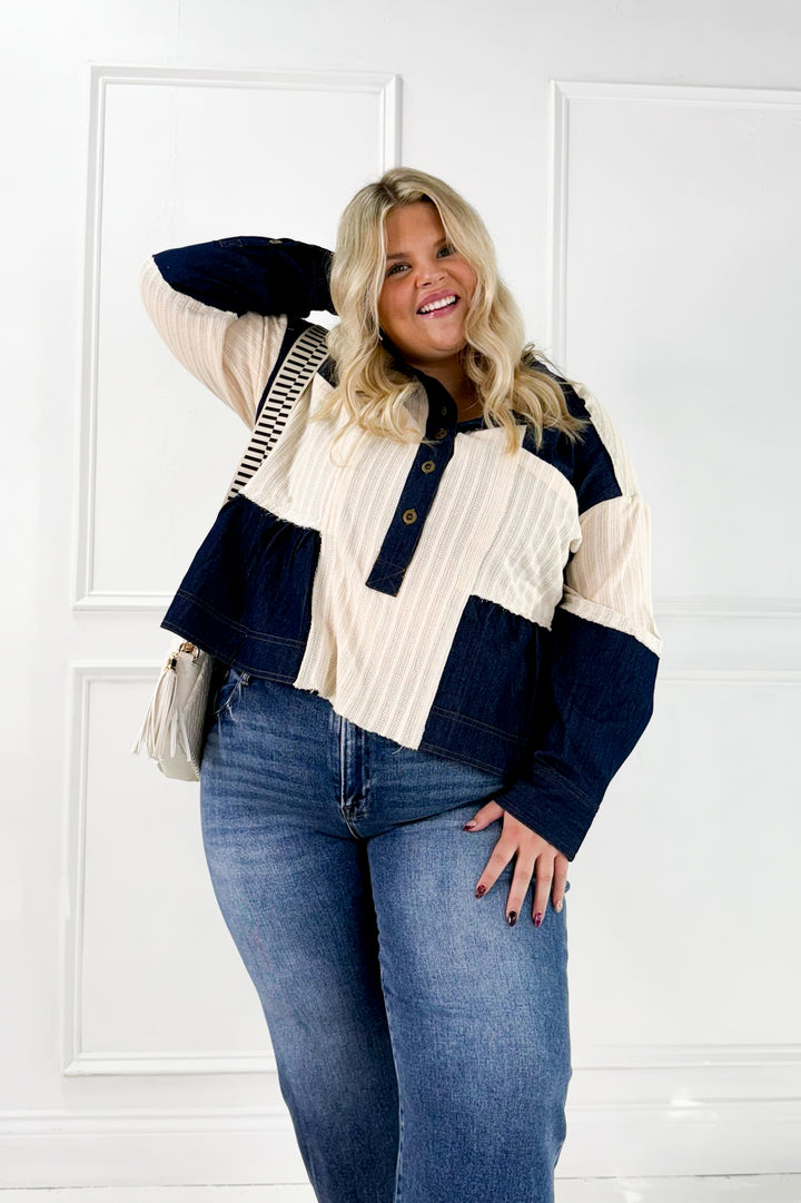 Denim Patchwork Button Down Waffle Knit Curvy Top