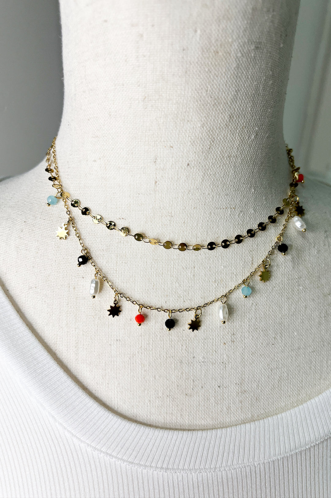 Celestial Charm Seedbead Layered Gold Necklace