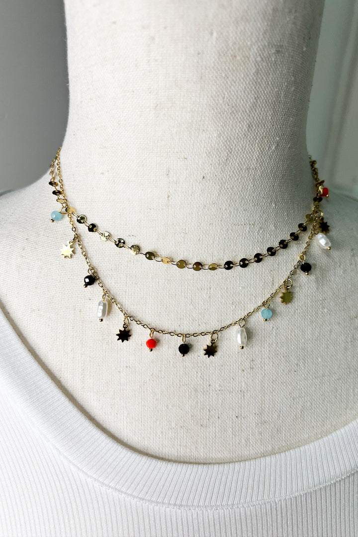 Celestial Charm Seedbead Layered Gold Necklace