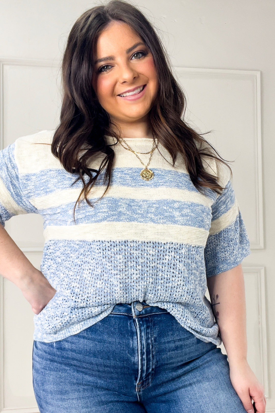 Stripe Color Block Textured Half Sleeve Sweater