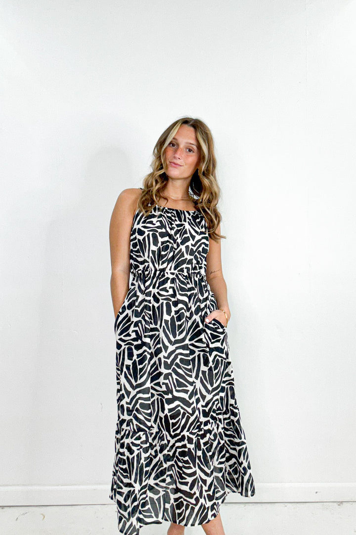 Geo Print Banded Spaghetti Strap Midi Dress