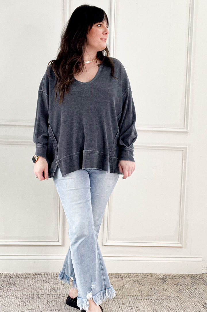 Mineral Wash Oversized Long Sleeve Pullover Top