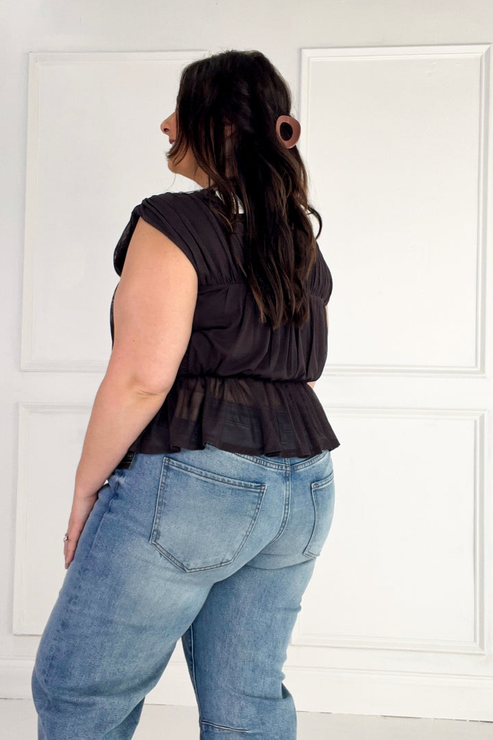 Semi Sheer Sleeveless Shirred Peplum Top