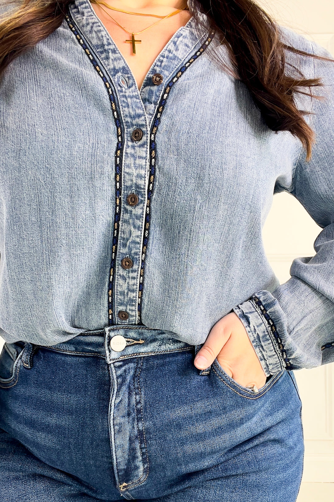 Thread & Supply - Lettie Piping Detail Button Up Long Sleeve Top