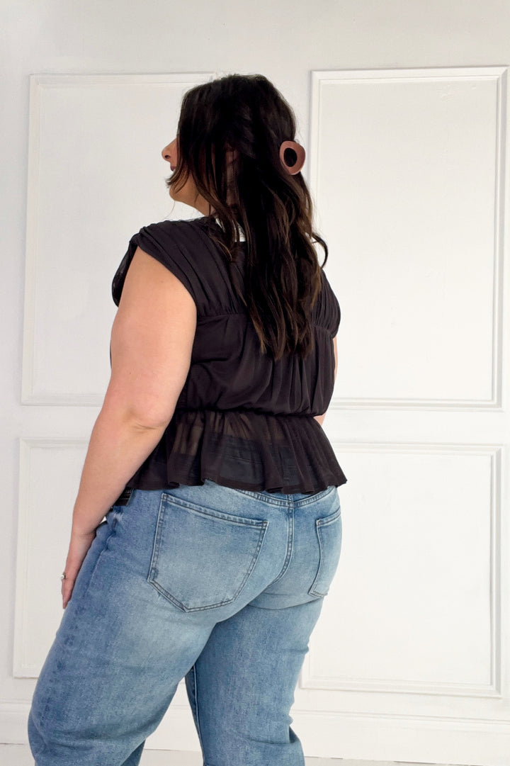 Semi Sheer Sleeveless Shirred Peplum Top