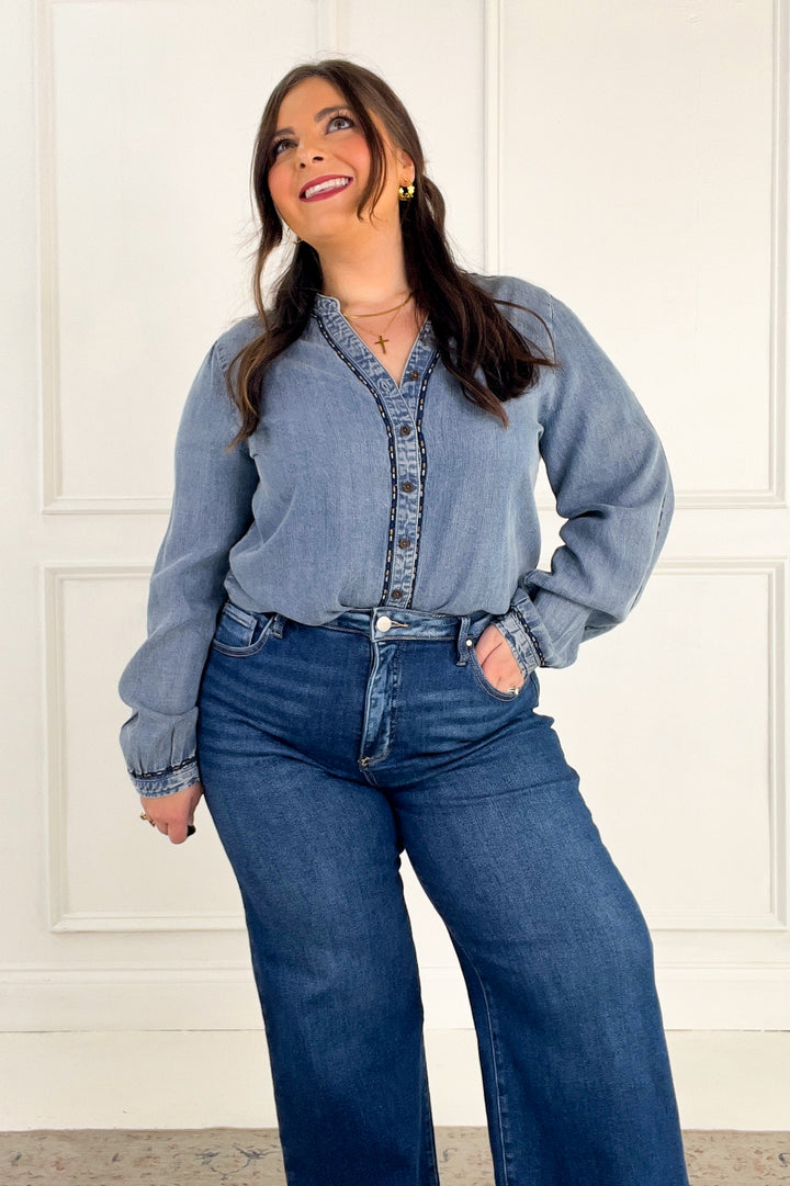 Thread & Supply - Lettie Piping Detail Button Up Long Sleeve Top