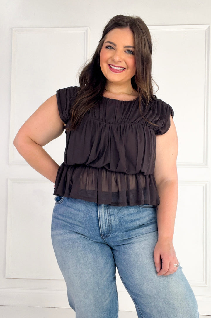 Semi Sheer Sleeveless Shirred Peplum Top