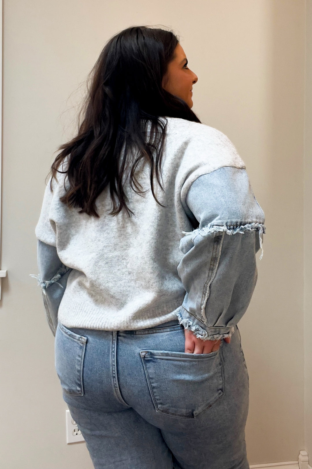 Denim Sleeve Contrast Pocket Sweater Cardigan