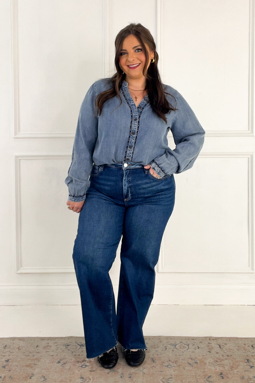 Thread & Supply - Lettie Piping Detail Button Up Long Sleeve Top