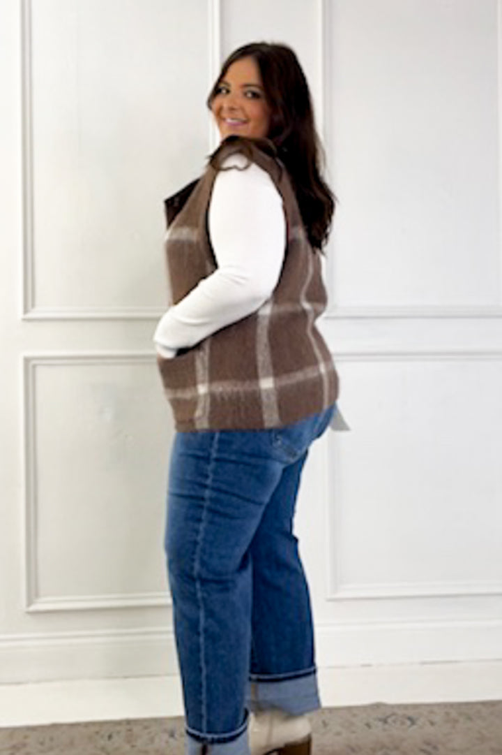 Button Down Plaid Fuzzy Knit Sweater Vest