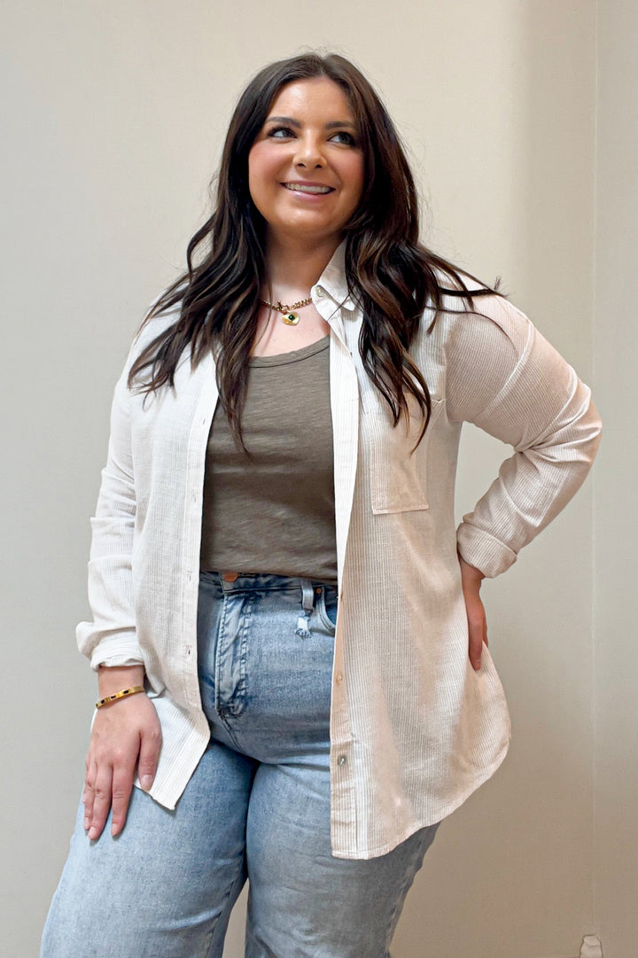 Hairline Striped Button Up Collared Blouse