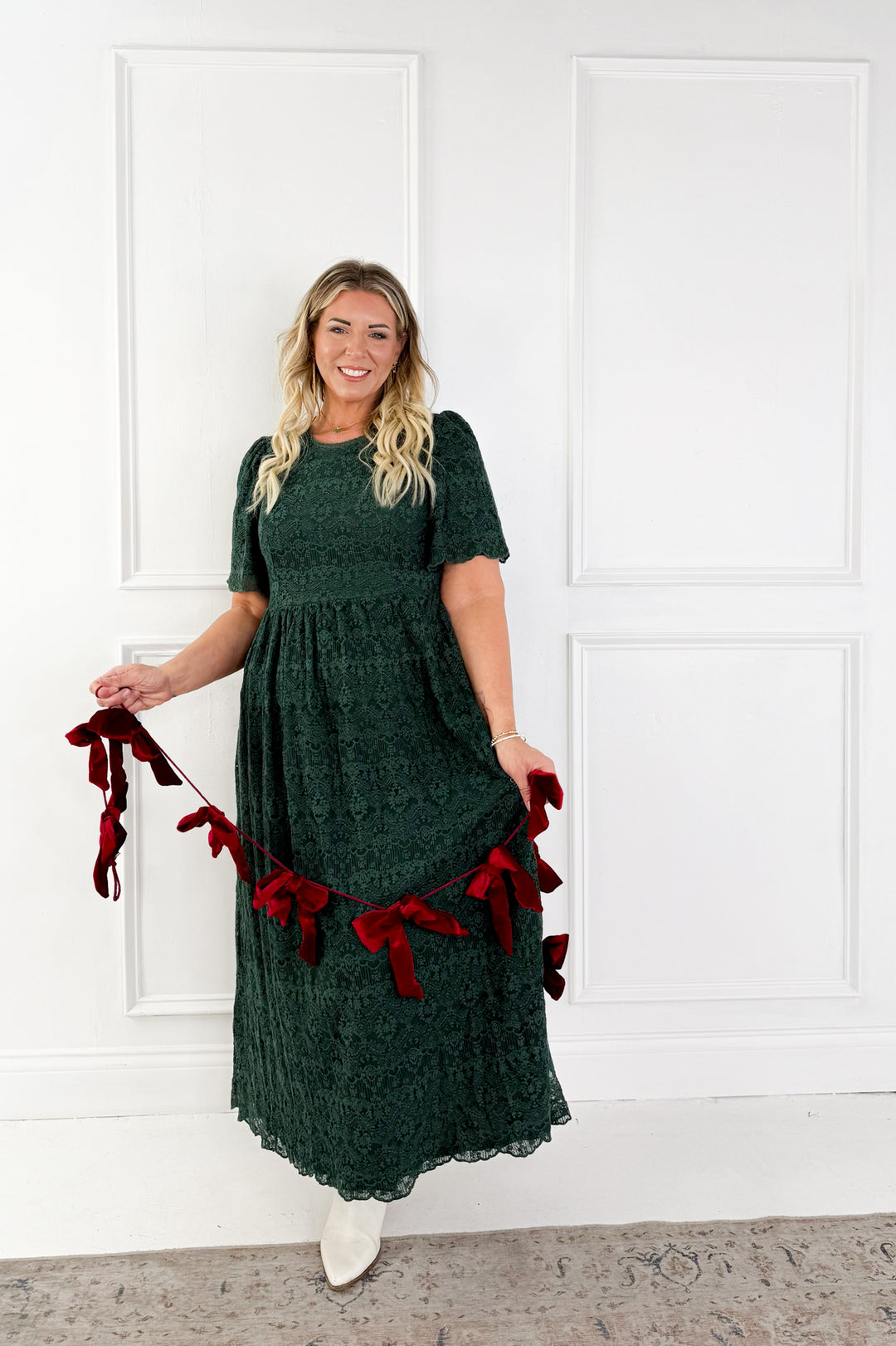 Lace Short Flutter Sleeve Midi Dress