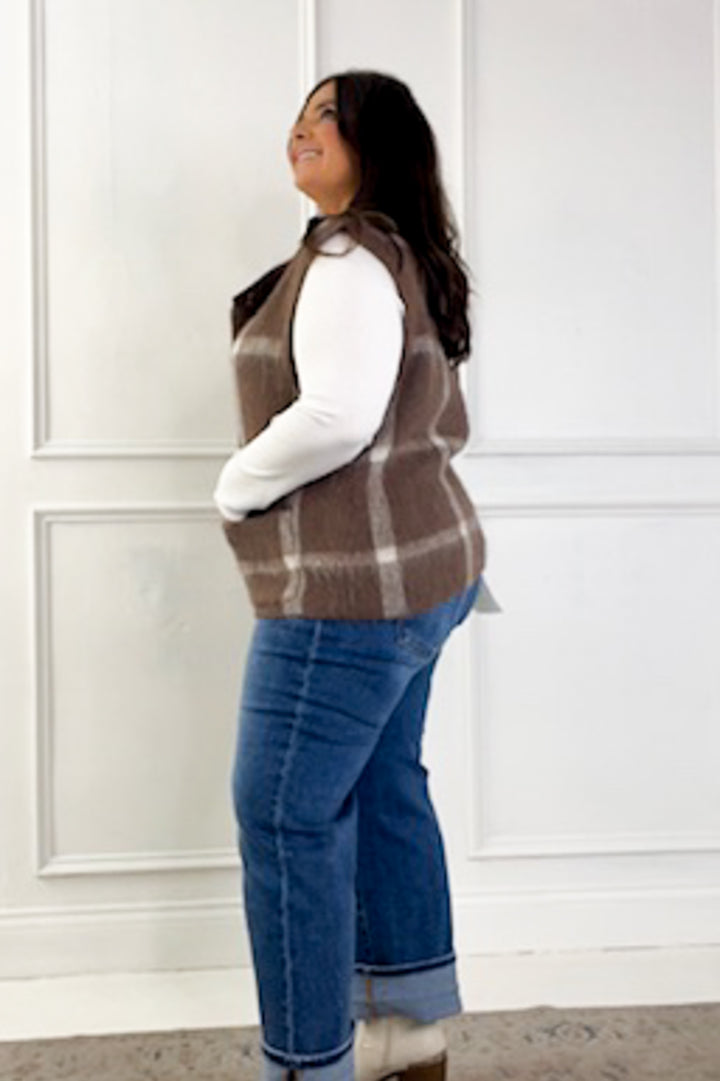 Button Down Plaid Fuzzy Knit Sweater Vest