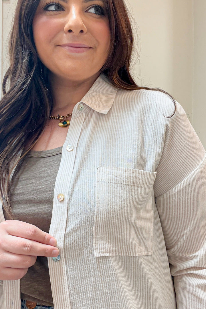 Hairline Striped Button Up Collared Blouse