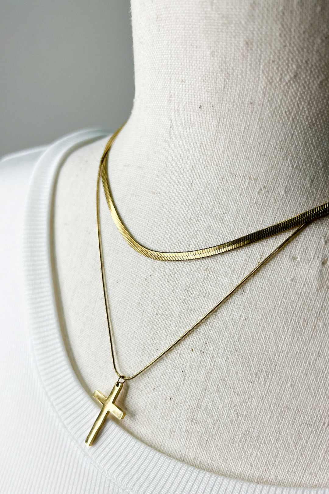 Layered Gold Herringbone & Cross Necklace