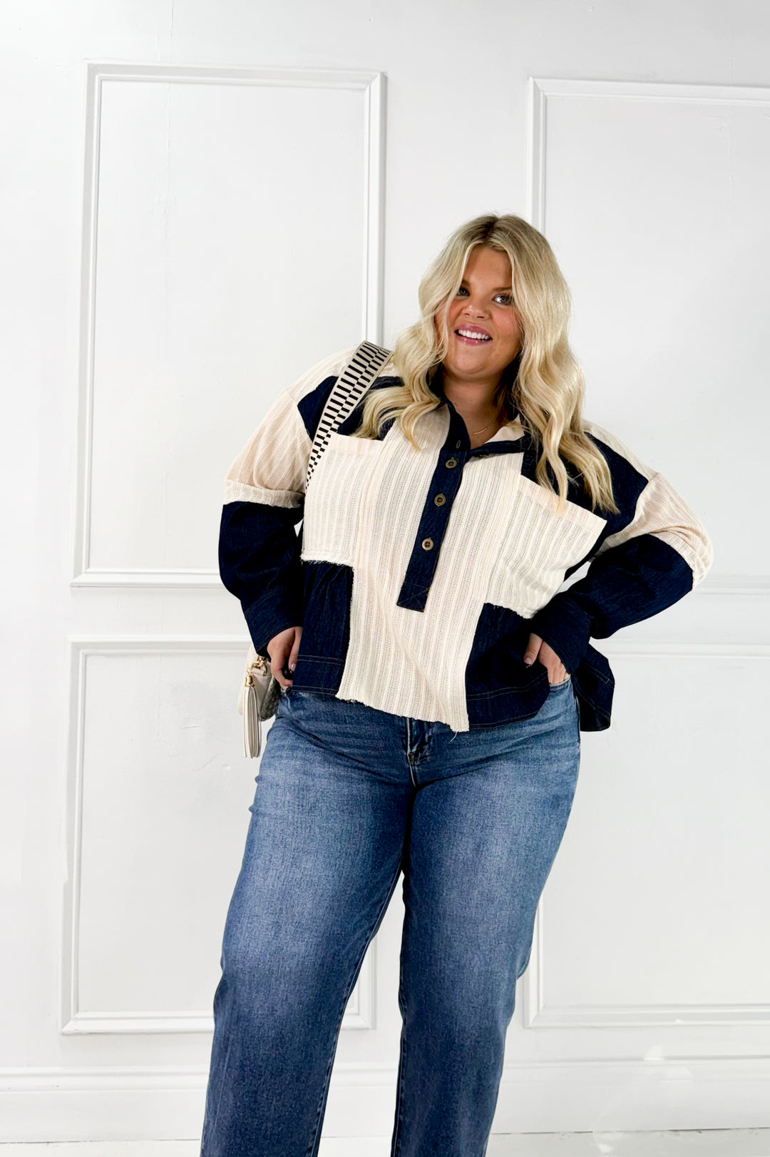 Denim Patchwork Button Down Waffle Knit Curvy Top