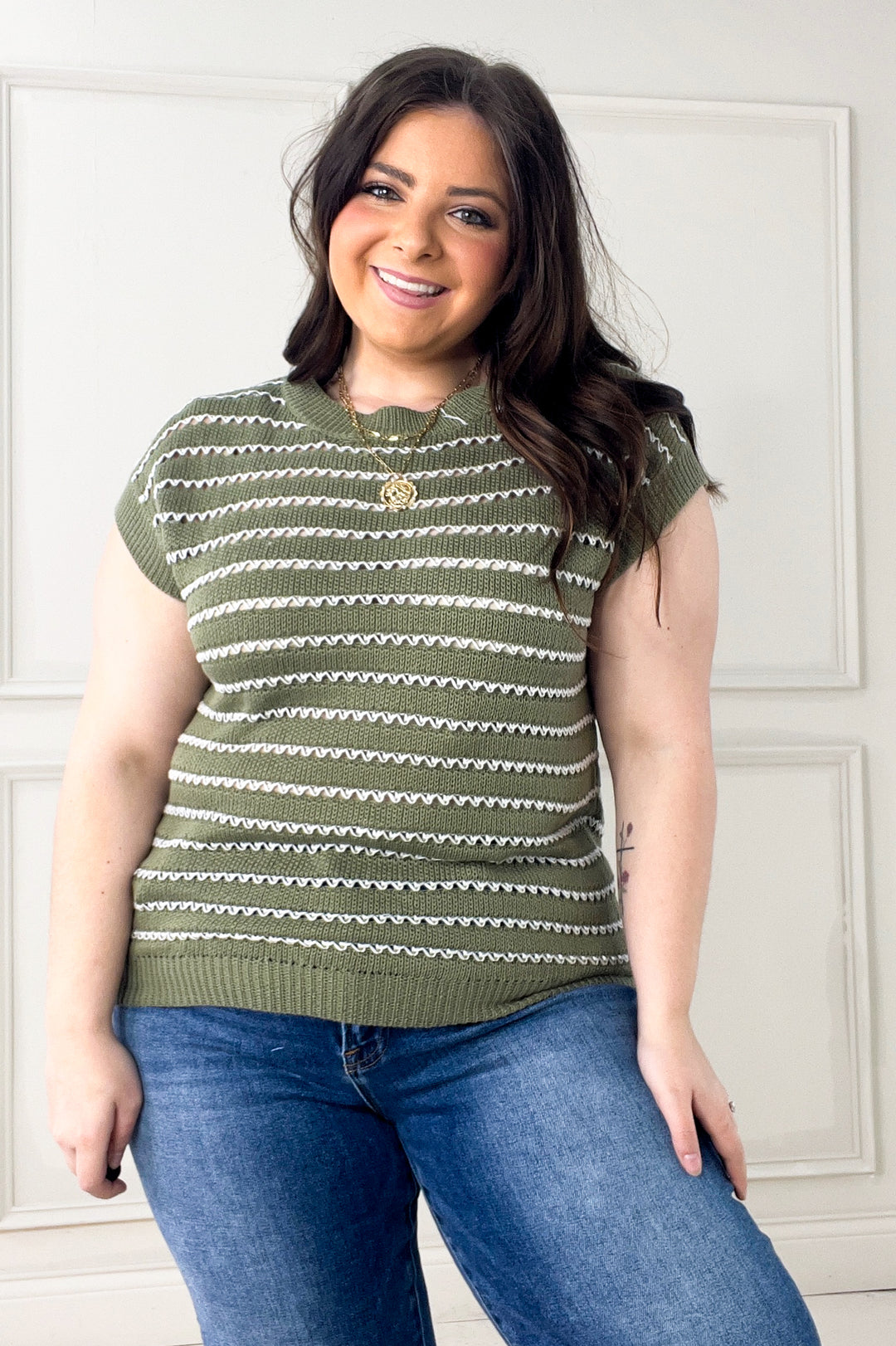 Extended Cap Sleeve Striped Sweater