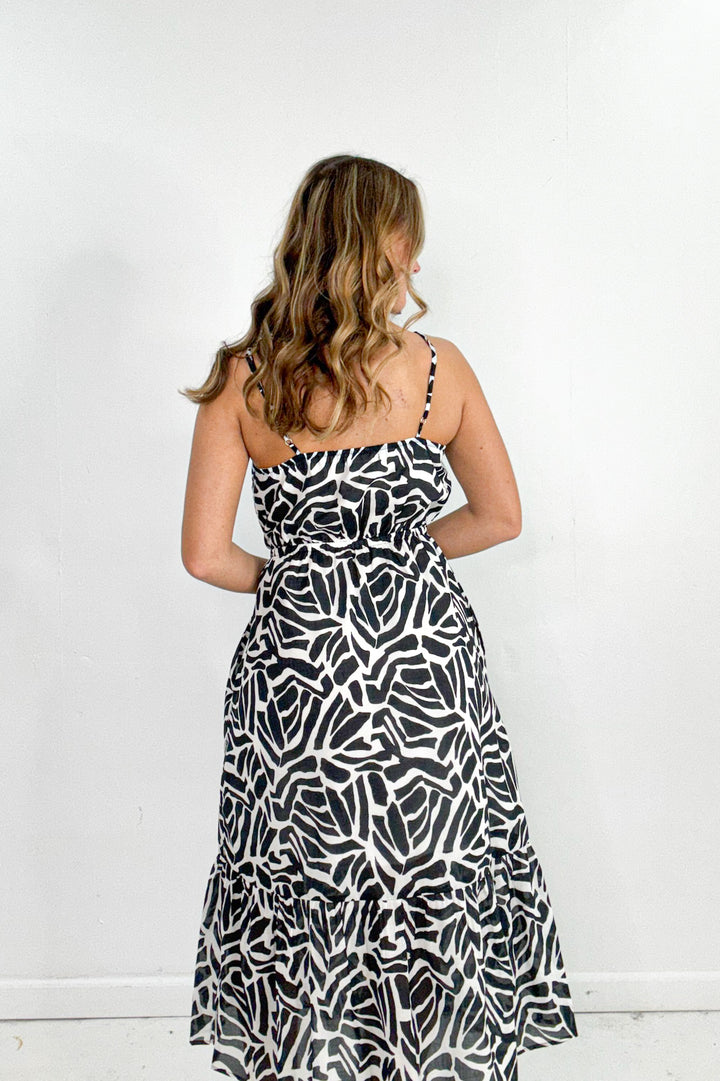 Geo Print Banded Spaghetti Strap Midi Dress