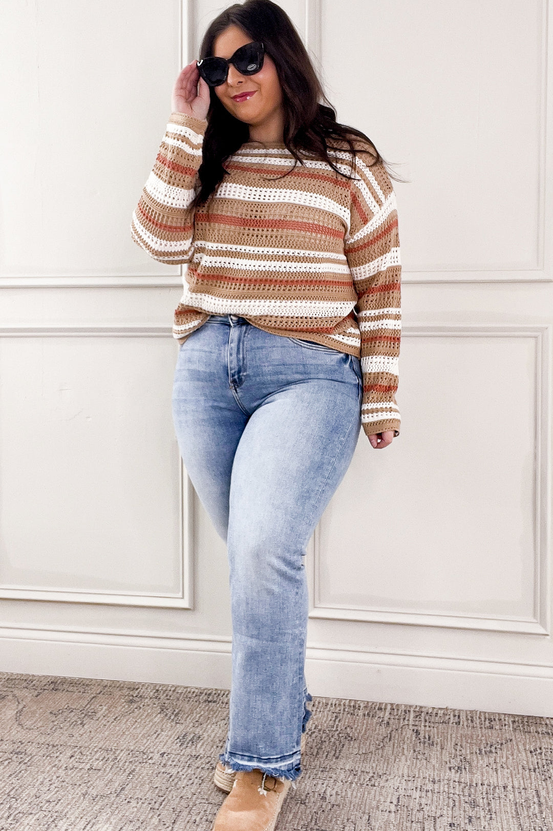 Taupe Striped Crochet Knit Sweater