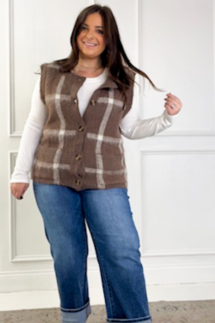 Button Down Plaid Fuzzy Knit Sweater Vest