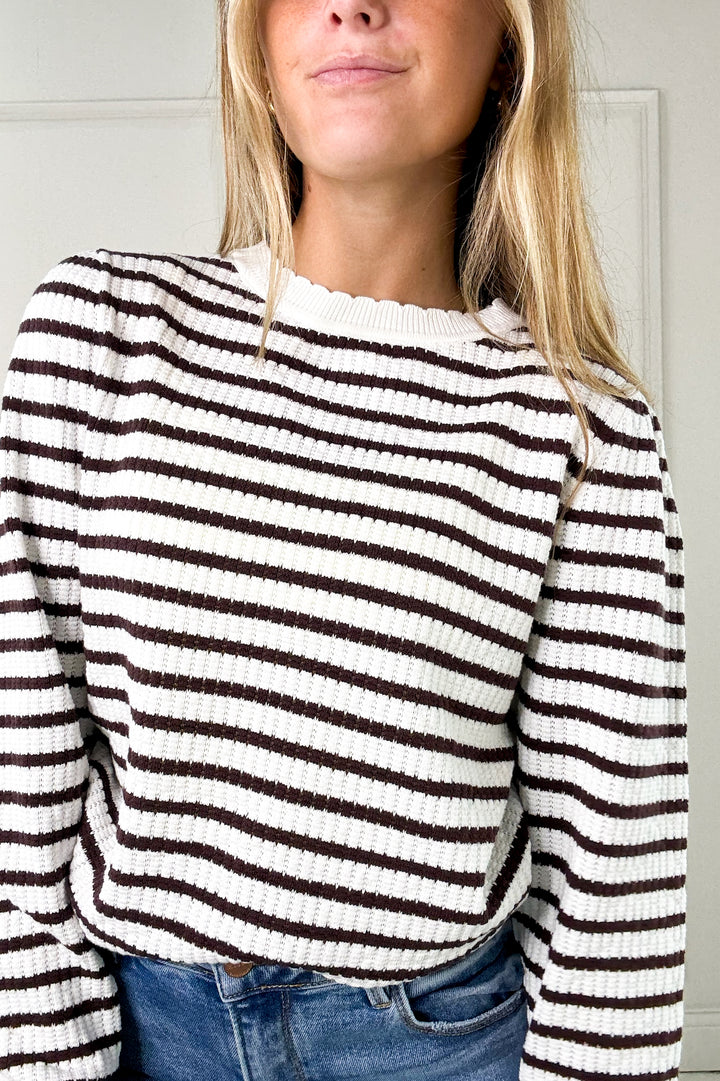 Stripe Scallop Detail Long Sleeve Knit Top