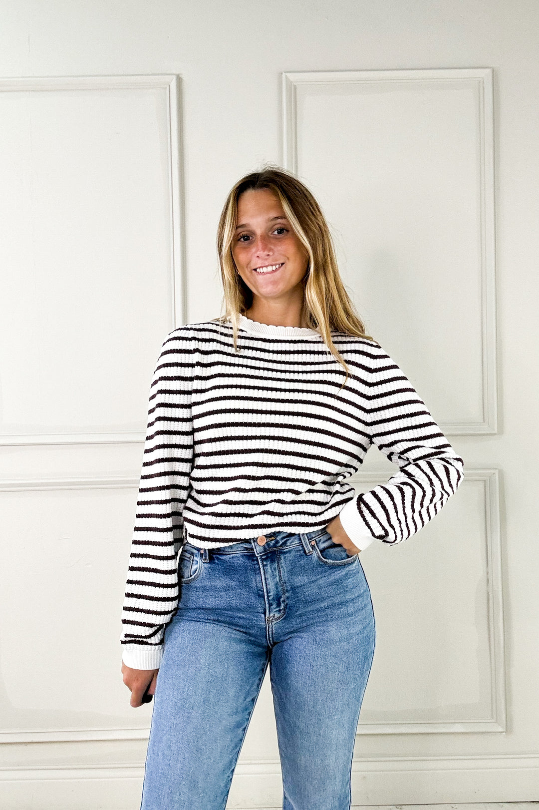 Stripe Scallop Detail Long Sleeve Knit Top