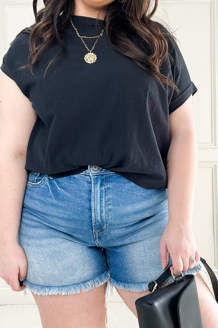 Mid Rise Raw Frayed Denim Shorts
