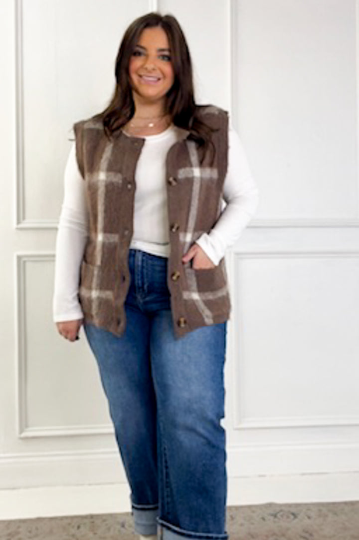 Button Down Plaid Fuzzy Knit Sweater Vest