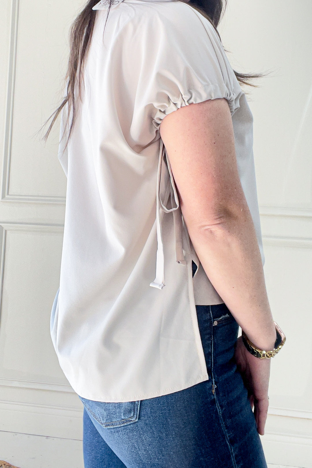 Ribbon Tied Dolman Short Sleeve Blouse