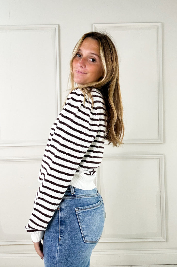 Stripe Scallop Detail Long Sleeve Knit Top