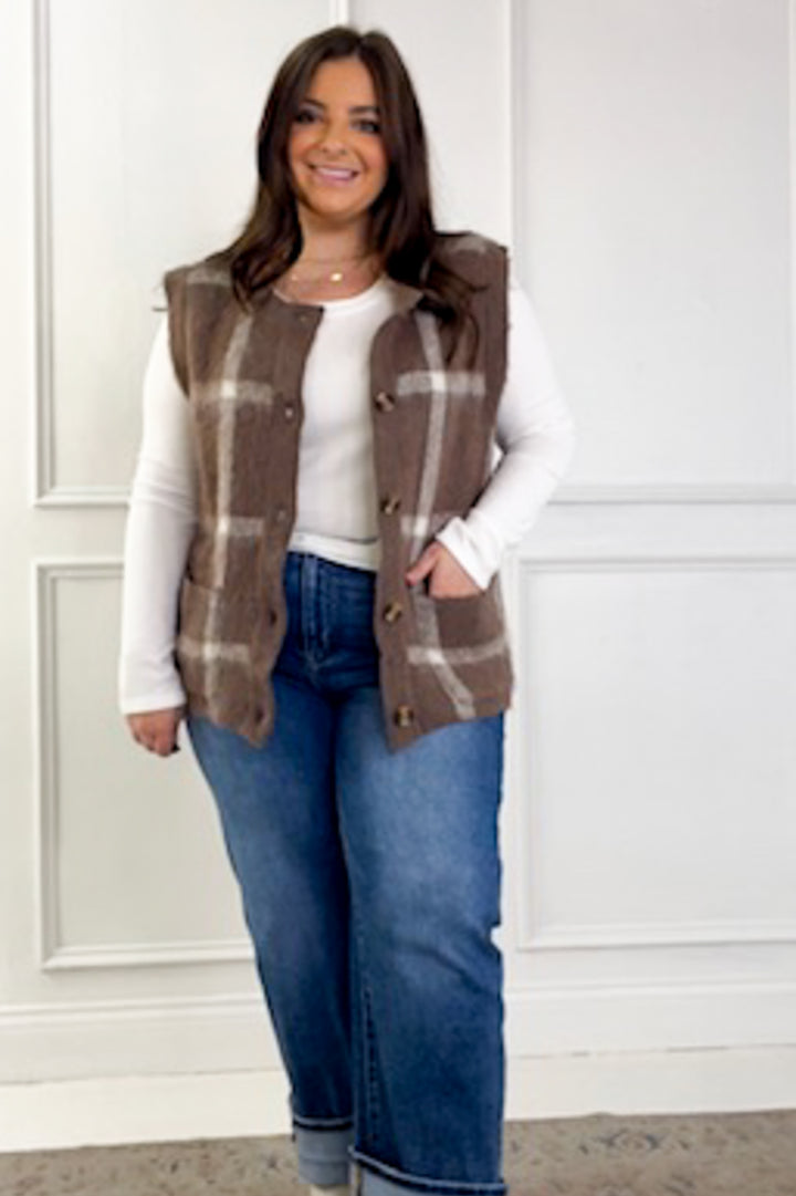 Button Down Plaid Fuzzy Knit Sweater Vest