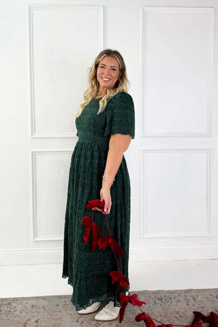 Lace Short Flutter Sleeve Midi Dress