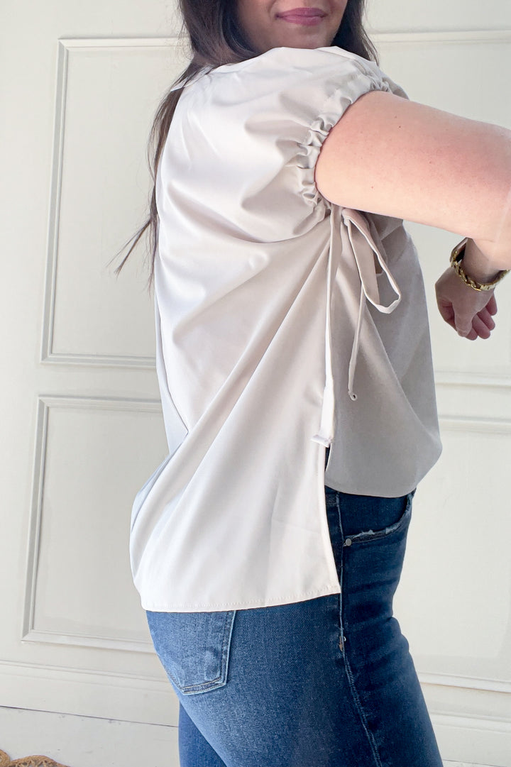 Ribbon Tied Dolman Short Sleeve Blouse