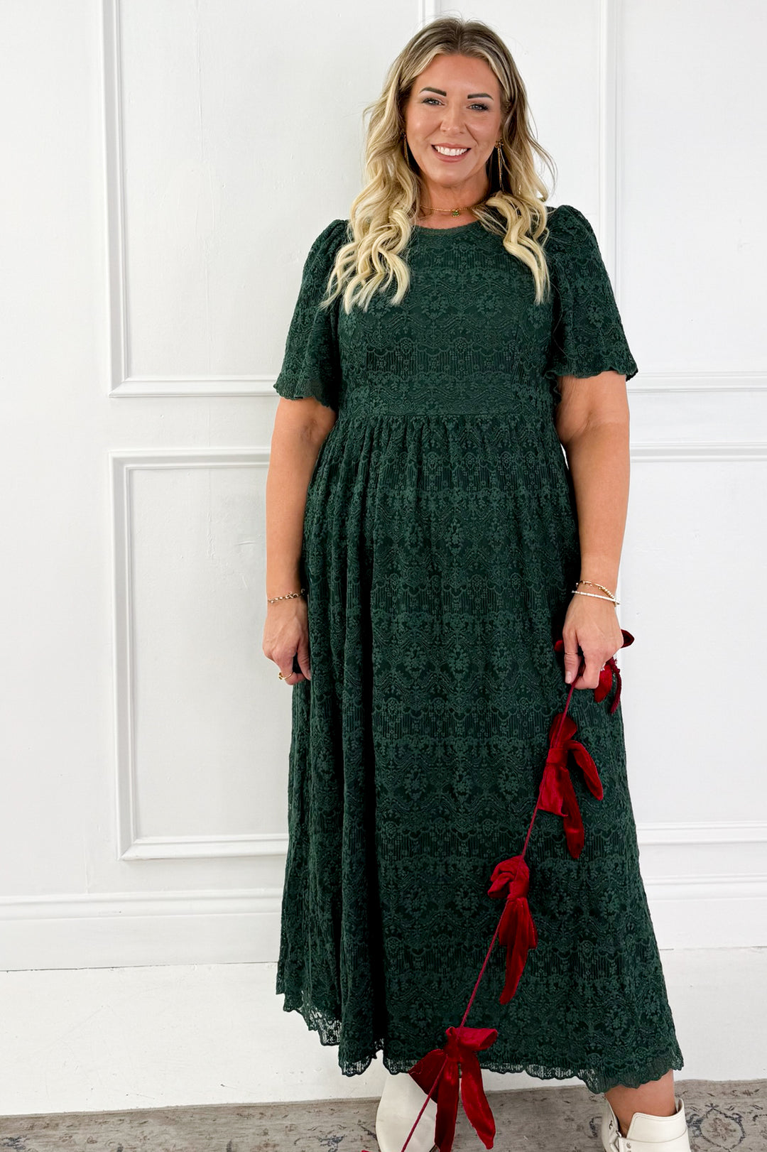 Lace Short Flutter Sleeve Midi Dress