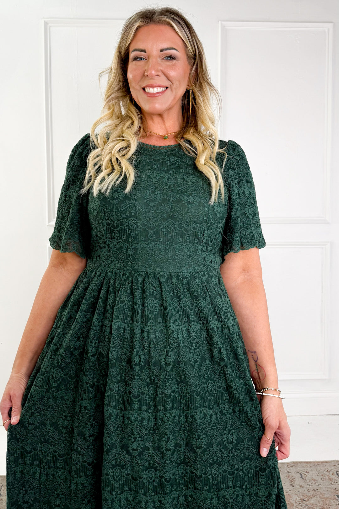 Lace Short Flutter Sleeve Midi Dress