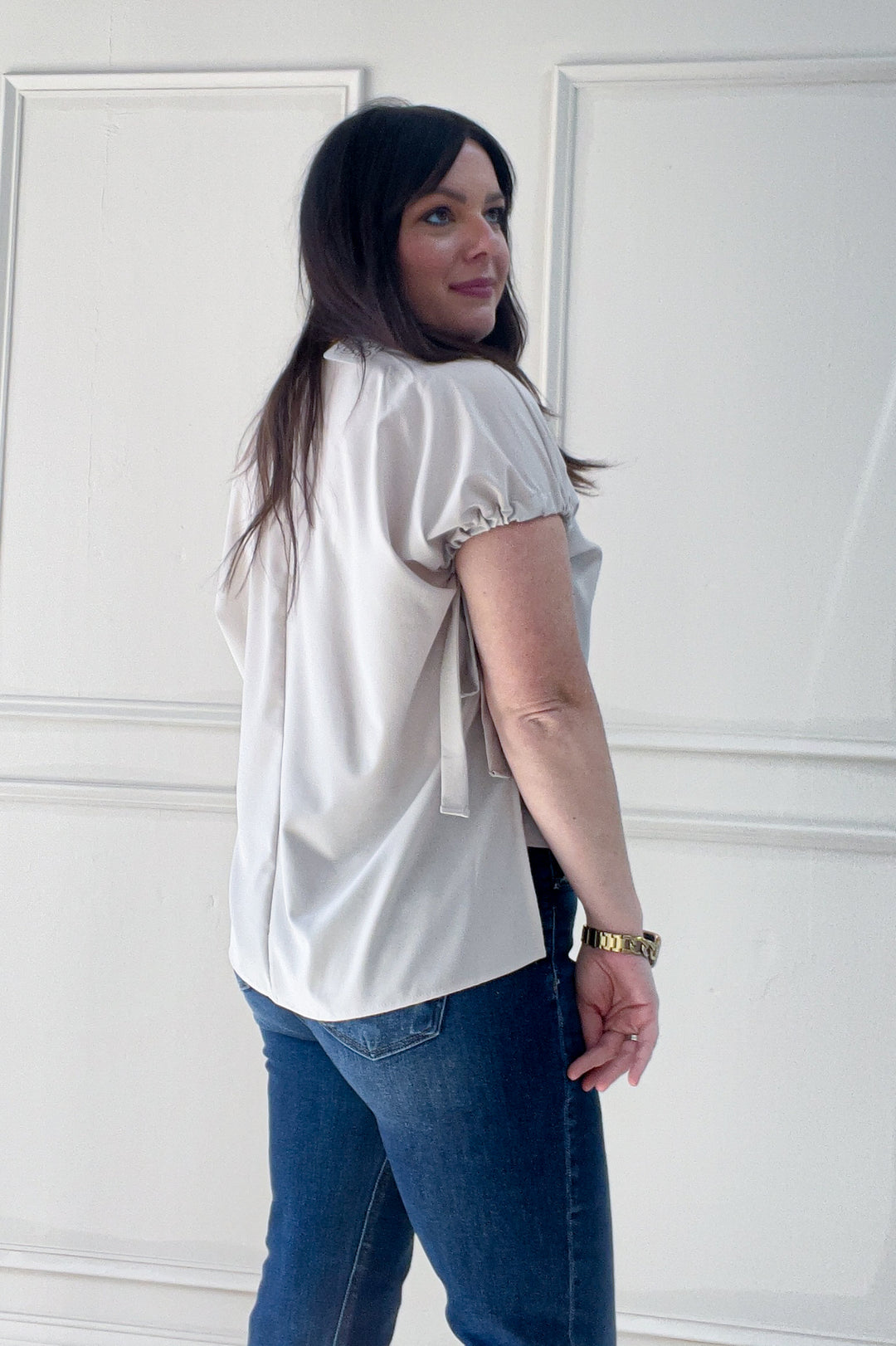 Ribbon Tied Dolman Short Sleeve Blouse