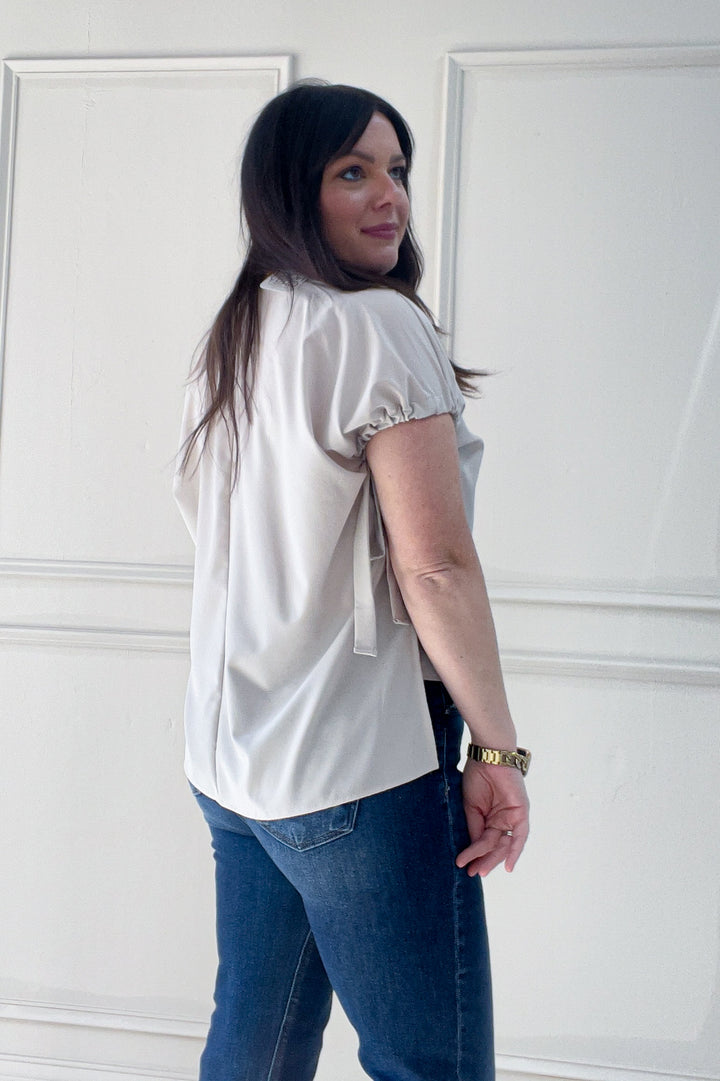 Ribbon Tied Dolman Short Sleeve Blouse