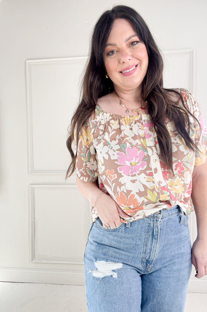 Elastic Scoop Neck Breezy Floral Linen Top