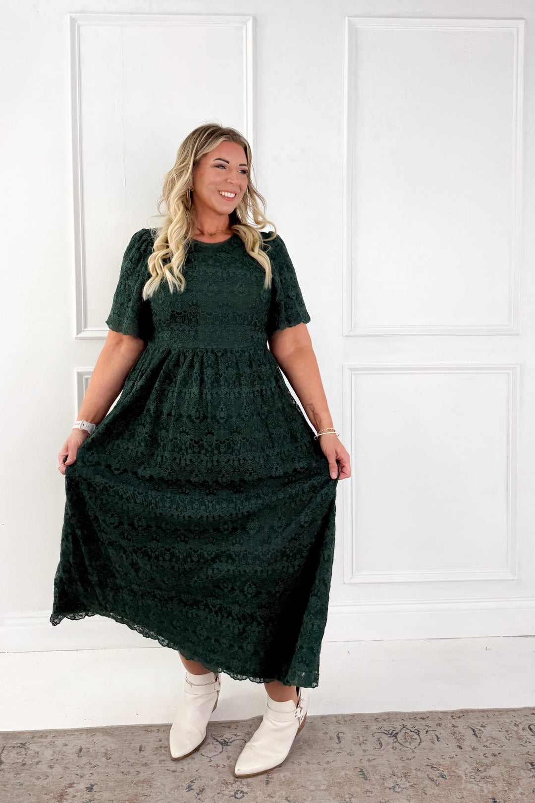 Lace Short Flutter Sleeve Midi Dress