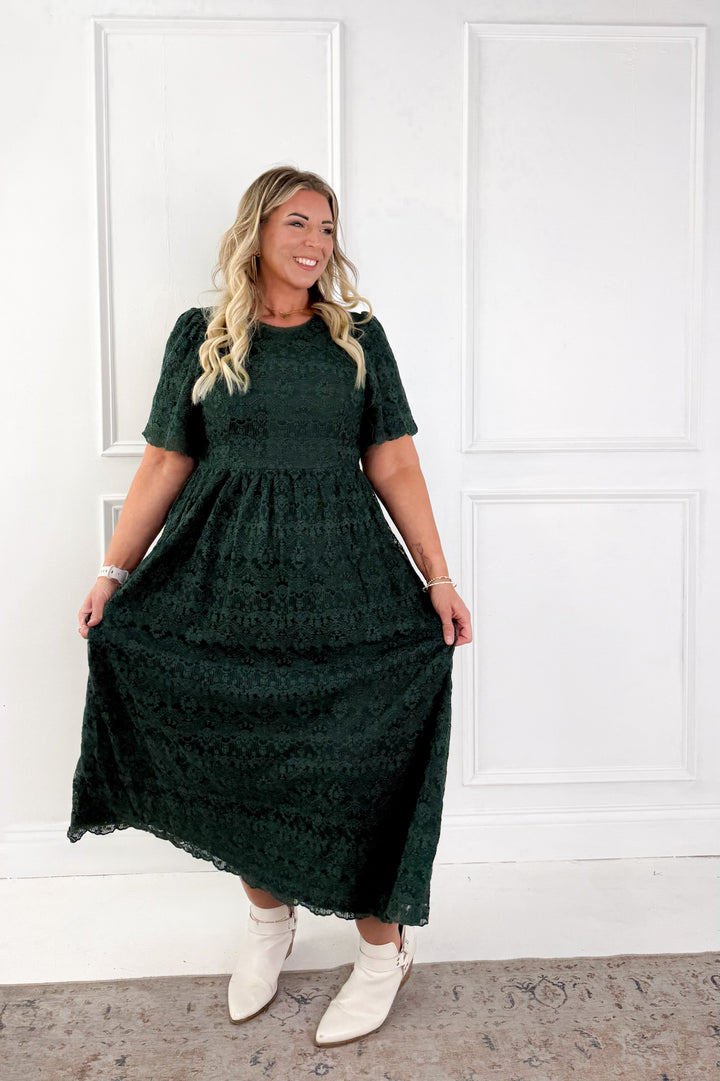 Lace Short Flutter Sleeve Midi Dress