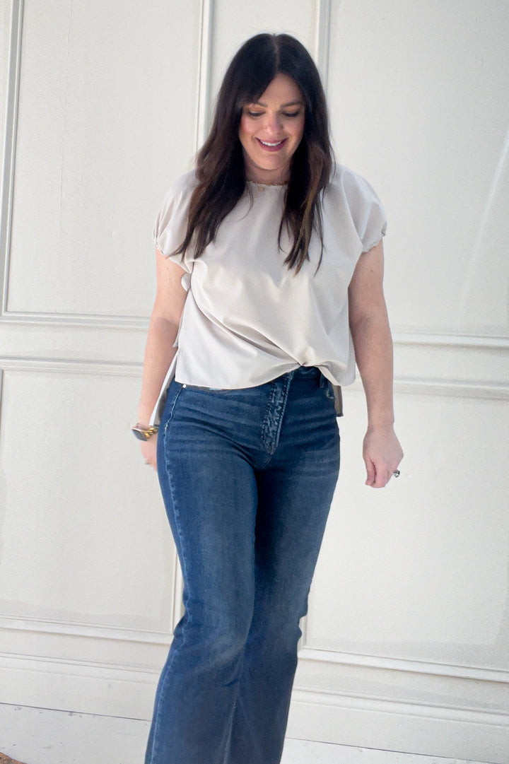 Ribbon Tied Dolman Short Sleeve Blouse